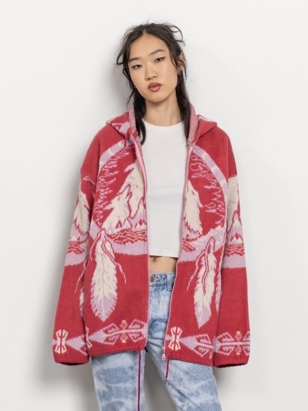 Fleece Knit Hoodie Vintage Wolves Blanket Oversize Jacket - Picture 11 of 13